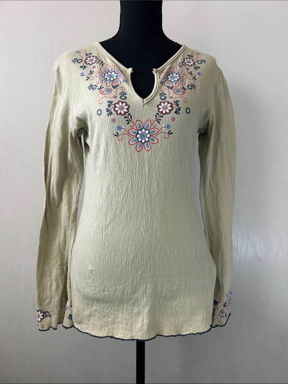 Self Esteem Sage Embroidered Boho Chic Long Sleeve Top With Keyhole Neckline